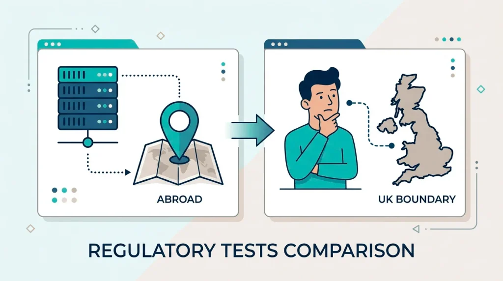 Diagram contrasting the old equipment-based licensing test with the customer-location test introduced in 2014