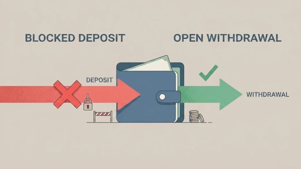 Illustration showing deposits blocked while a remaining account balance can still be withdrawn during exclusion
