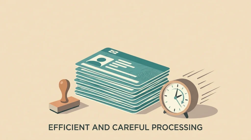 Editorial illustration of a stack of identical generic licence cards on a desk with a fast clock symbol, conveying low-threshold rapid licensing