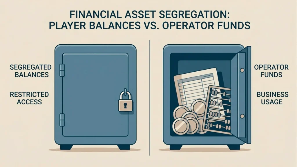 Illustration of two separate vaults representing player funds segregation versus operator working capital, drawn in a flat editorial style