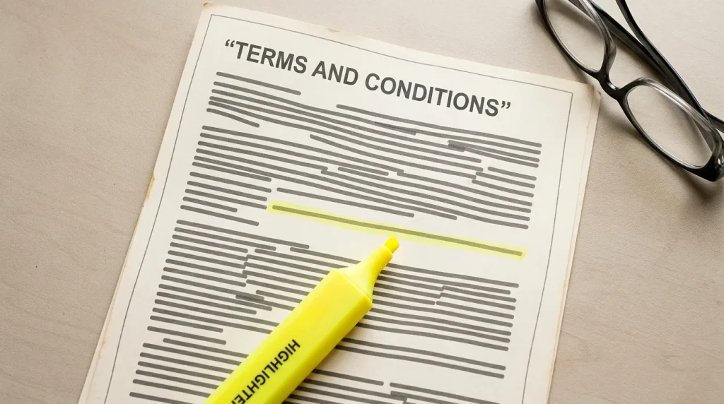 Editorial overhead view of a printed terms-and-conditions document on a desk with a yellow highlighter resting across a paragraph, in editorial cream and warm grey tones
