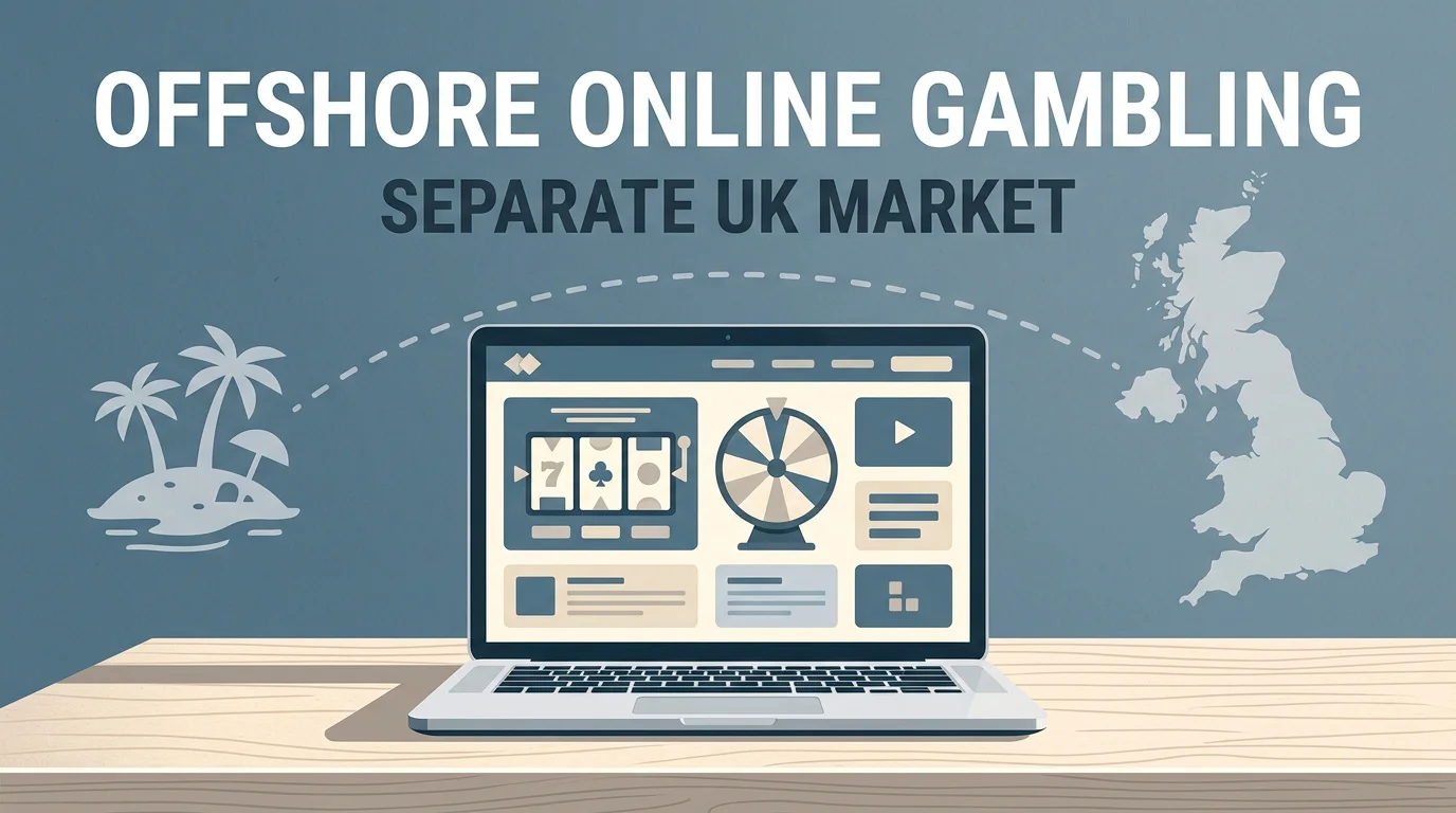 Illustration of a laptop showing an offshore online casino sitting outside the UK self-exclusion scheme
