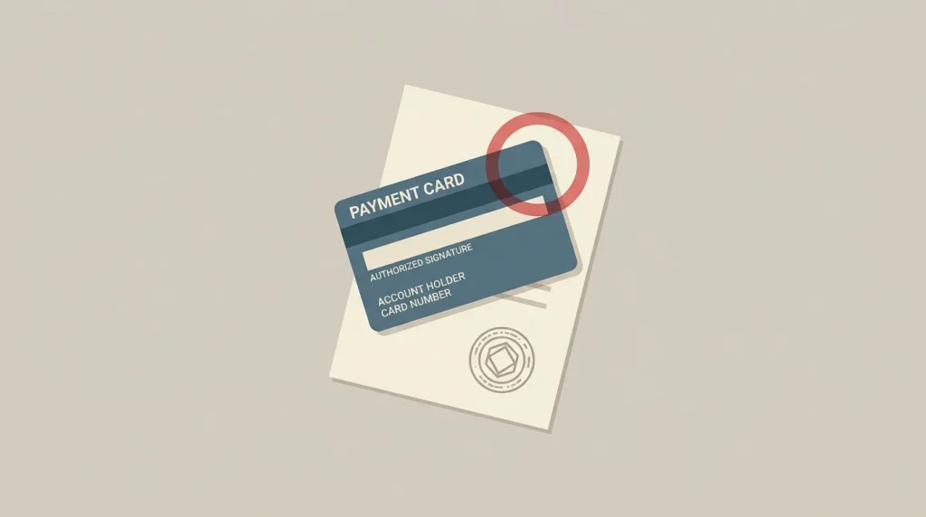 Editorial illustration of a single credit card resting on top of a regulator-style document with a stylised closed-circle marker, conveying the UK credit-card gambling restriction