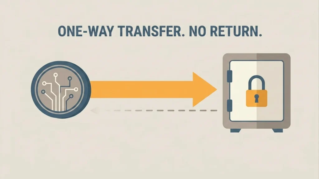 Editorial illustration of a one-way directional arrow flowing into a stylised vault from a crypto coin icon, with a faint dashed line indicating no return path, in soft slate-blue and amber