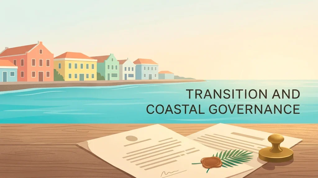 Editorial illustration of a Caribbean island skyline at golden hour with a stylised parliamentary document in the foreground representing the LOK reform