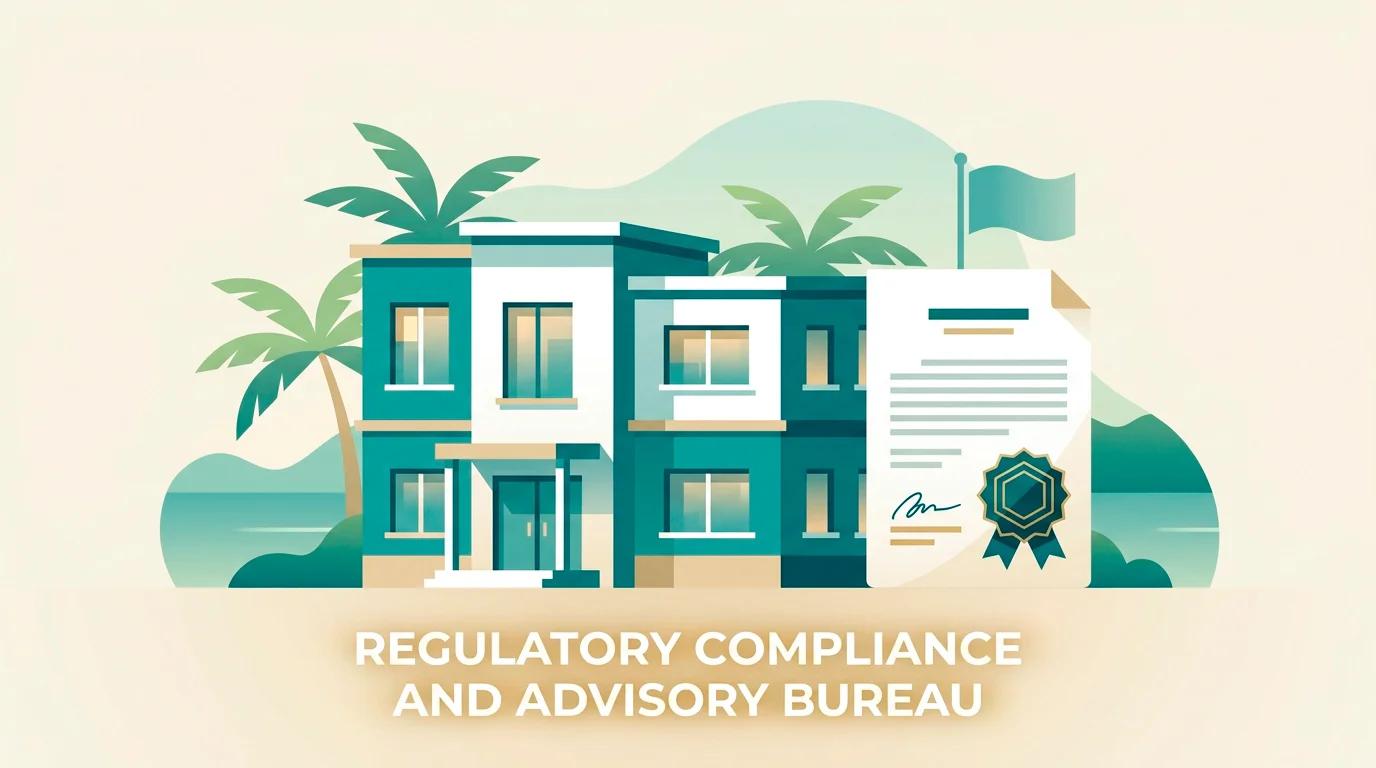 Illustration representing the Curacao gaming licensing reform with a modern regulatory building and document