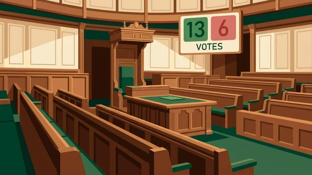 Editorial illustration of a parliamentary chamber from a low angle with a stylised tally board showing 13 to 6, representing the LOK approval vote