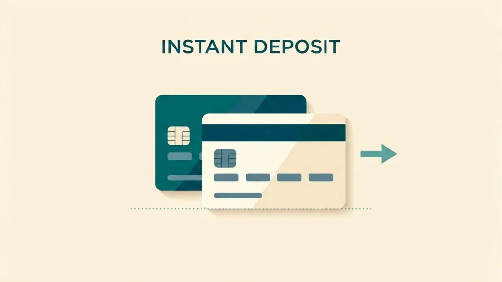 Editorial illustration of two generic debit-style payment cards laid flat with a small arrow indicating an instant deposit, in muted teal and slate tones