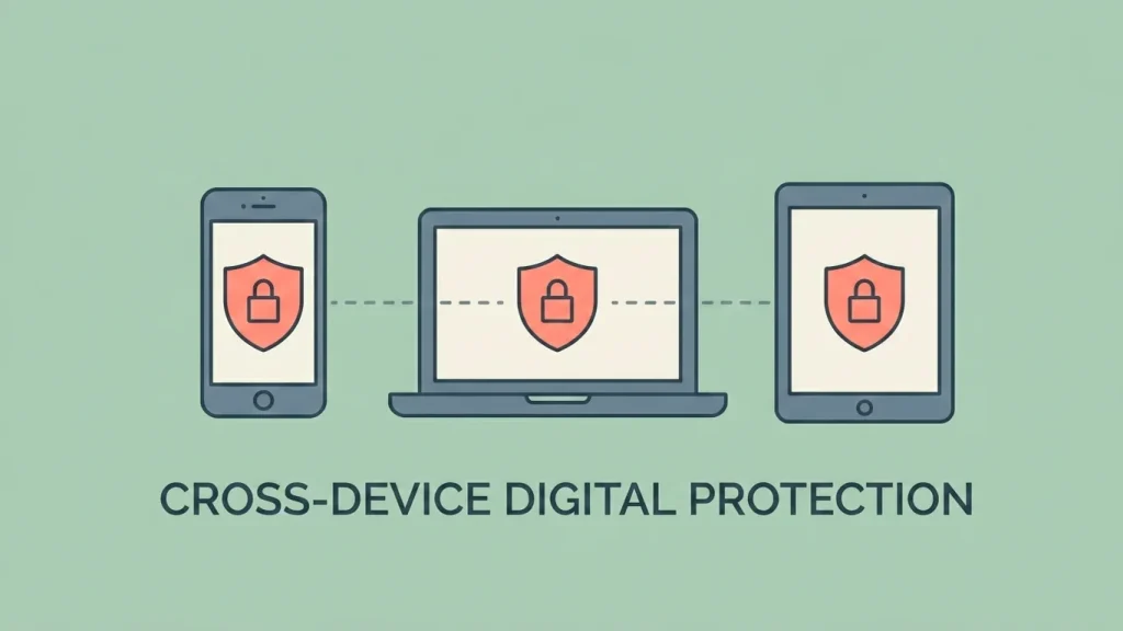 Editorial illustration of three small devices side by side - phone, laptop and tablet - each marked with a soft block-shield glyph on the screen, in calm sage and slate tones