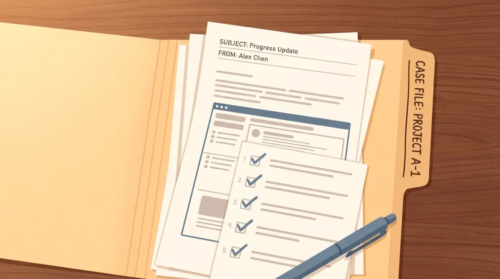 Editorial illustration of a tidy paper folder labelled with a stylised case-file tab, holding screenshots, emails and a numbered list, conveying organised dispute evidence