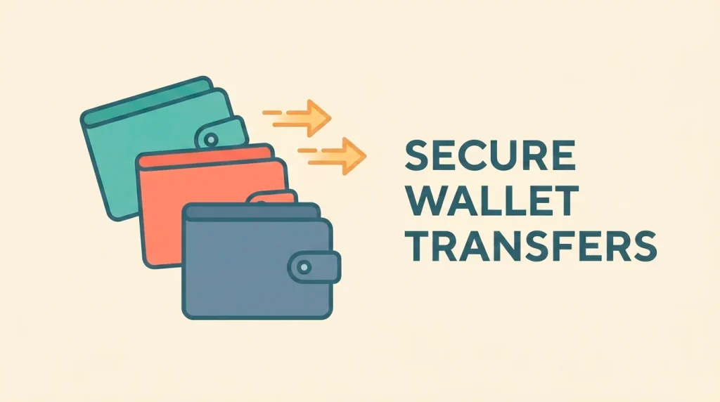 Editorial flat illustration of three generic wallet icons stacked at slight angles, with stylised motion arrows indicating fast transfer, in soft teal, coral and slate