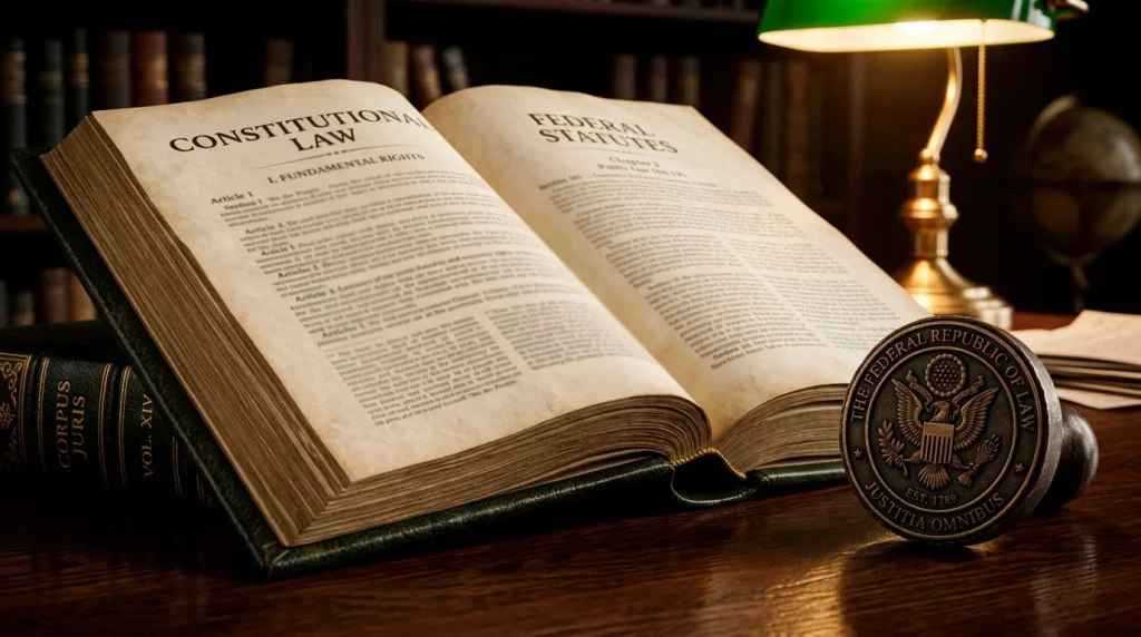 Illustration of a statute book opened to a general offences section with a regulatory seal