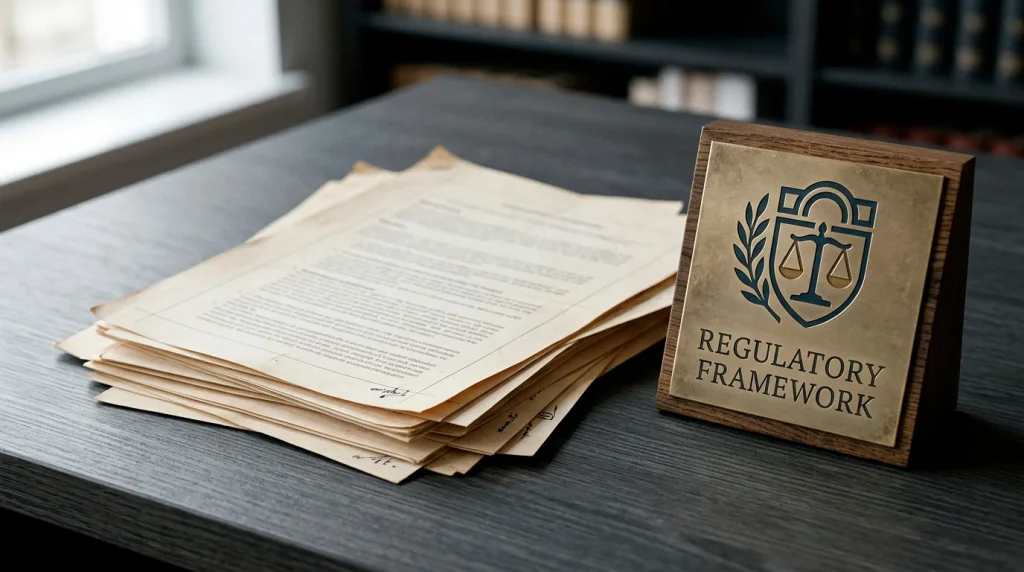 Conceptual image of UK gambling legislation documents alongside a regulatory authority emblem