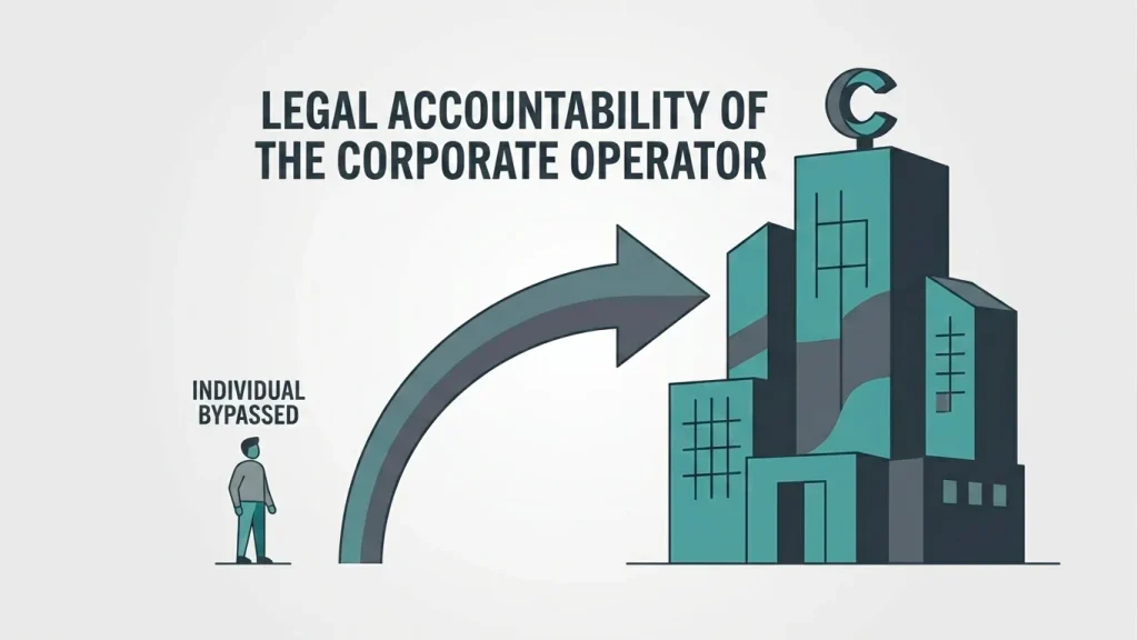Illustration showing legal liability pointing at an operator rather than at an individual player