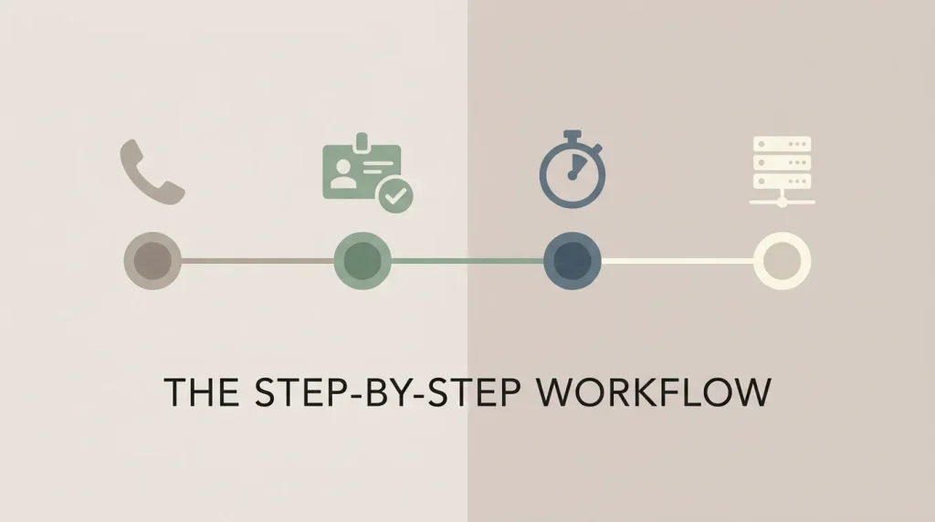 Editorial flat illustration of a four-step horizontal timeline with simple circular nodes representing contact, identity verification, cooling-off and operator update