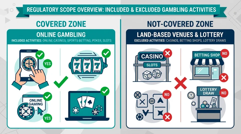 Diagram marking which gambling types GamStop covers and which sit outside its scope