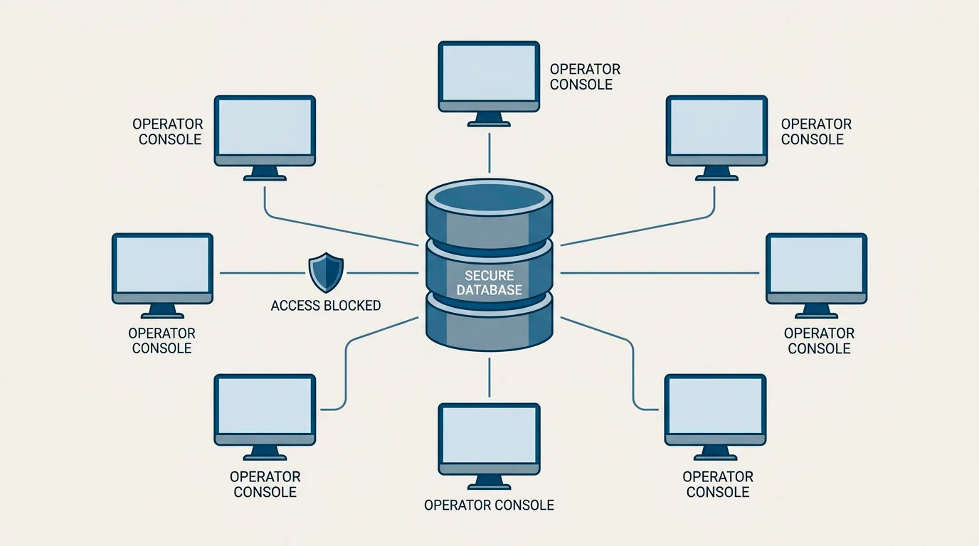 Diagram-style illustration of a central self-exclusion database connected to multiple licensed gambling operators