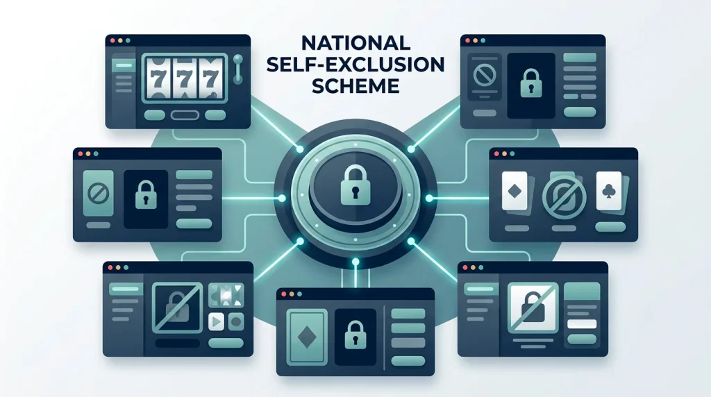 Diagram illustrating the GamStop national self-exclusion scheme connecting to UK-licensed online gambling operators