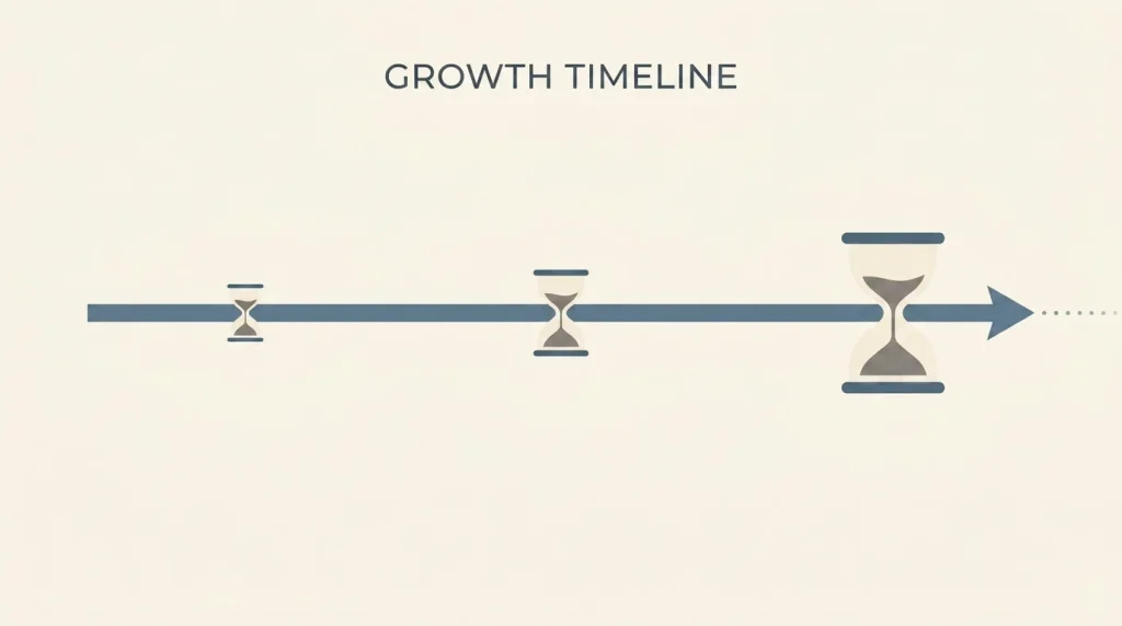 Editorial illustration of a long unidirectional timeline arrow with three milestone markers labelled by stylised hourglass icons for six months, one year and five years