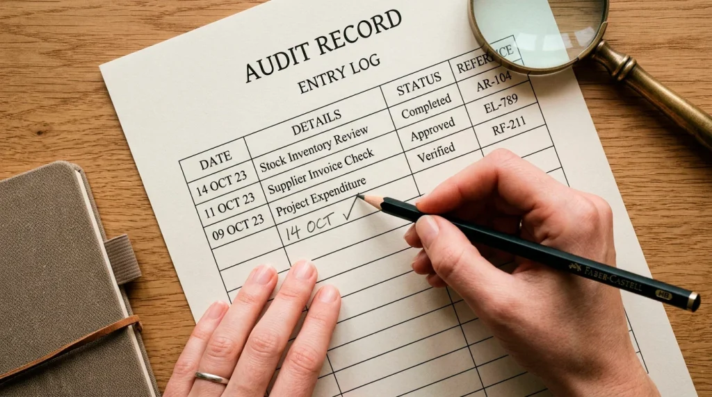 Close-up editorial illustration of a hand annotating a printed regulator register listing with a pencil, conveying a careful verification process