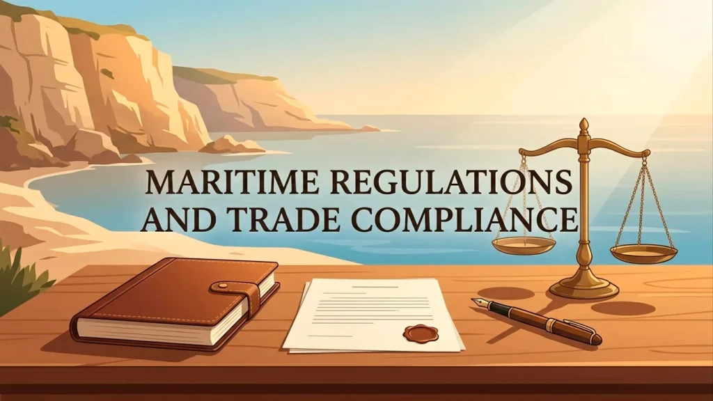 Editorial illustration of a Mediterranean coastline at dawn with a stylised regulatory document and a compliance ledger on a desk, conveying the Malta Gaming Authority context