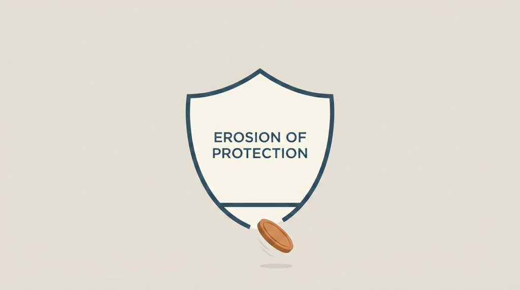 Editorial illustration of a stylised shield outline cut open at the bottom, with a coin slipping through, conveying gaps in player protection