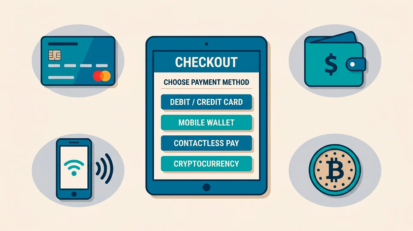 Illustration of payment methods including debit cards e-wallets and cryptocurrency for online casinos
