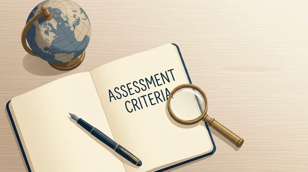 Editorial illustration of an open notebook with handwritten assessment criteria, a magnifying glass and a small globe representing offshore casino jurisdictions