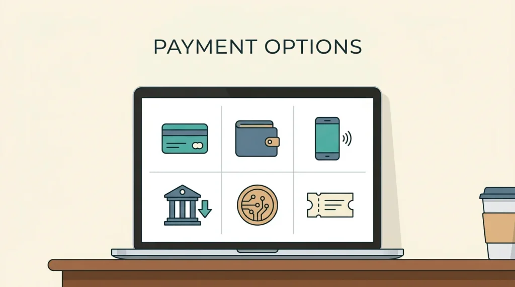 Editorial flat illustration of an open cashier panel with stylised method icons arranged in a clean grid - card, wallet, mobile device, bank arrow and coin