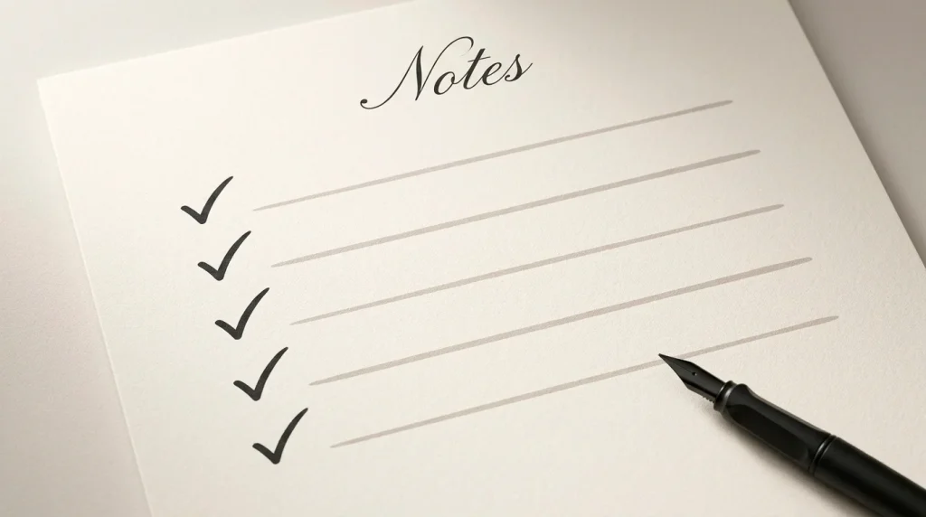 Stylised editorial checklist with five risk-marker rows ticked in neutral grey ink on cream paper