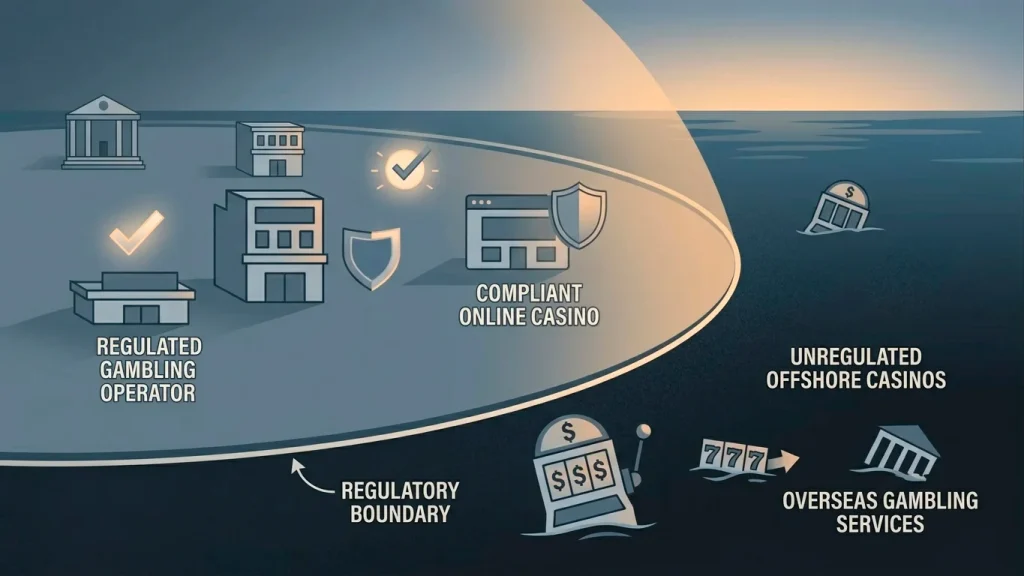 Conceptual image showing offshore gambling sites positioned beyond the boundary of the UK self-exclusion register
