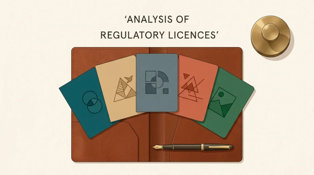 Editorial flat illustration of an open dossier with five passport-style licence cards laid out, representing the main offshore gambling jurisdictions