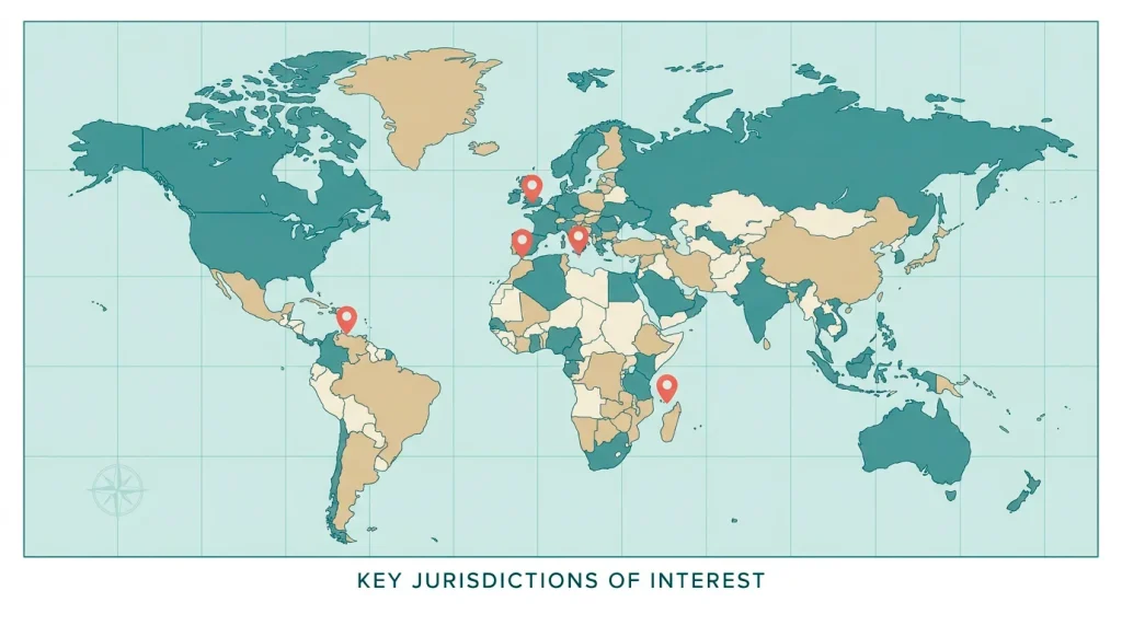 Stylised map with markers on Malta, Gibraltar, Isle of Man, Curacao and Anjouan illustrating common offshore gambling jurisdictions