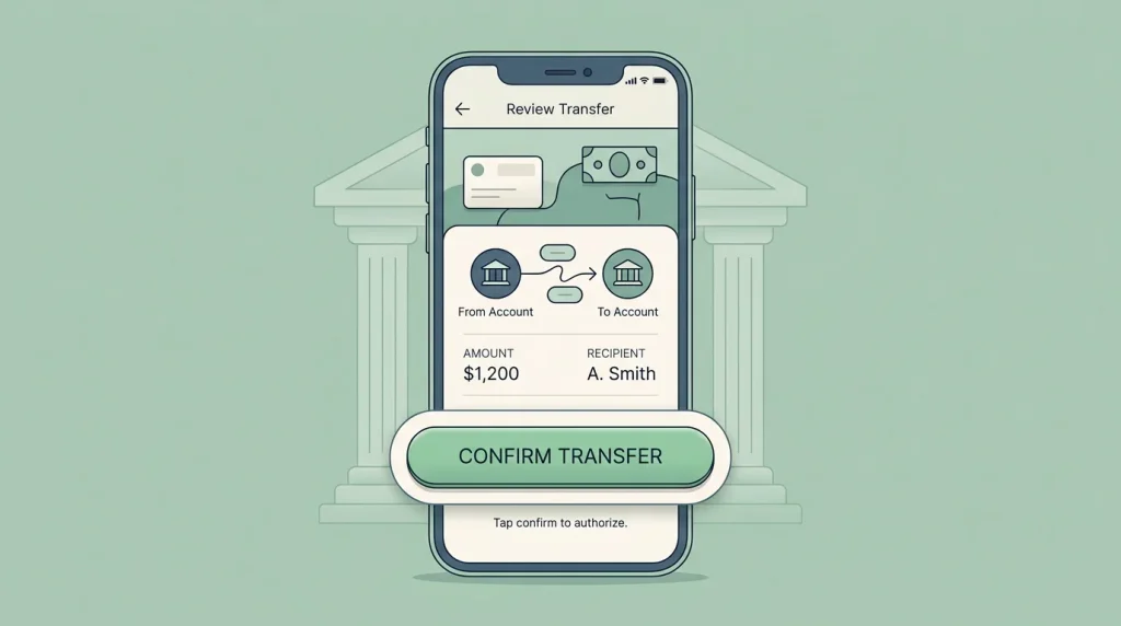 Editorial illustration of a smartphone with a stylised account-to-account approval screen and a faint bank pillar in the background, conveying a Pay by Bank deposit