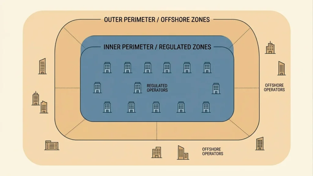 Conceptual diagram of two concentric perimeters showing UKGC-licensed operators inside and offshore operators outside the GamStop scope