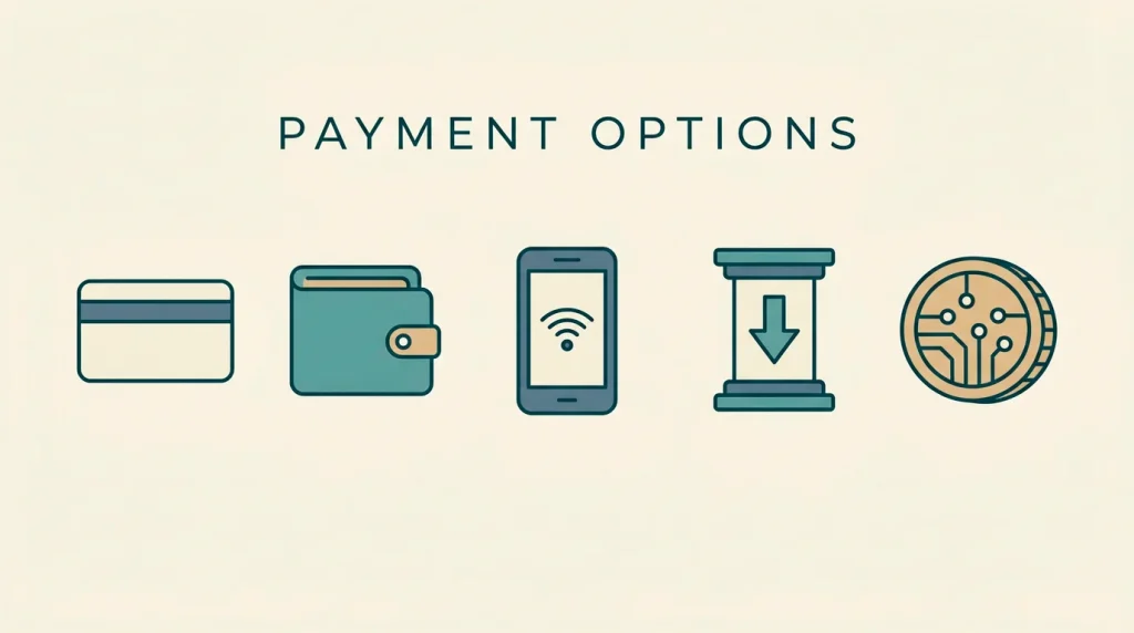 Flat editorial illustration of five generic payment-method icons arranged in a clean row - card, wallet, mobile device, bank arrow and digital coin - in muted editorial colours