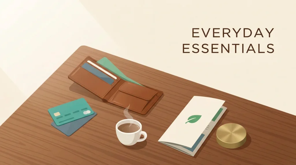 Editorial illustration of a wallet, a few payment cards, a small coffee cup and a folded brochure on responsible gambling, arranged on a desk in muted editorial tones