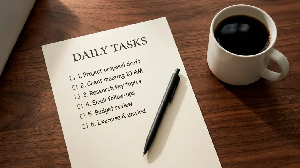Overhead editorial view of a printed pre-deposit checklist on cream paper, with a pen resting across the lower half and a small mug at the corner, in warm editorial tones