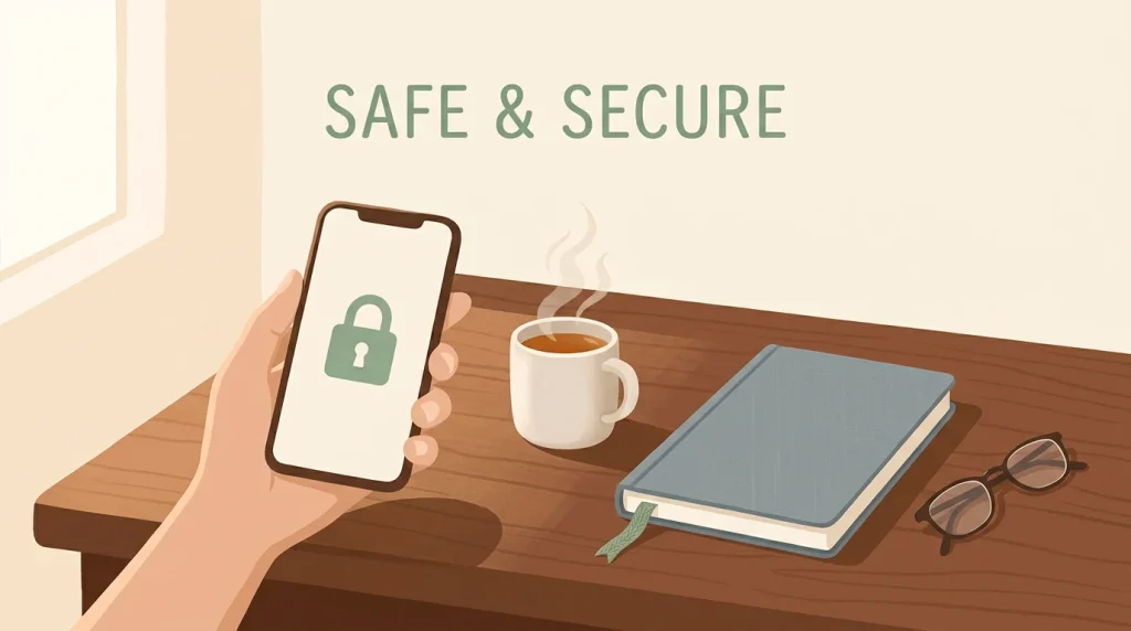Editorial illustration of a calm hand holding a smartphone with a stylised lock icon on screen, beside a cup of tea and a notebook on a quiet desk