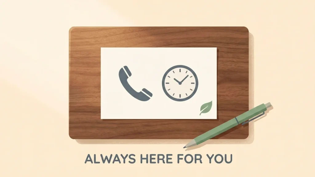 Editorial illustration of a simple printed contact card on a desk showing a phone-handset glyph beside a stylised twenty-four-hour clock, in calm sage-green and ivory tones