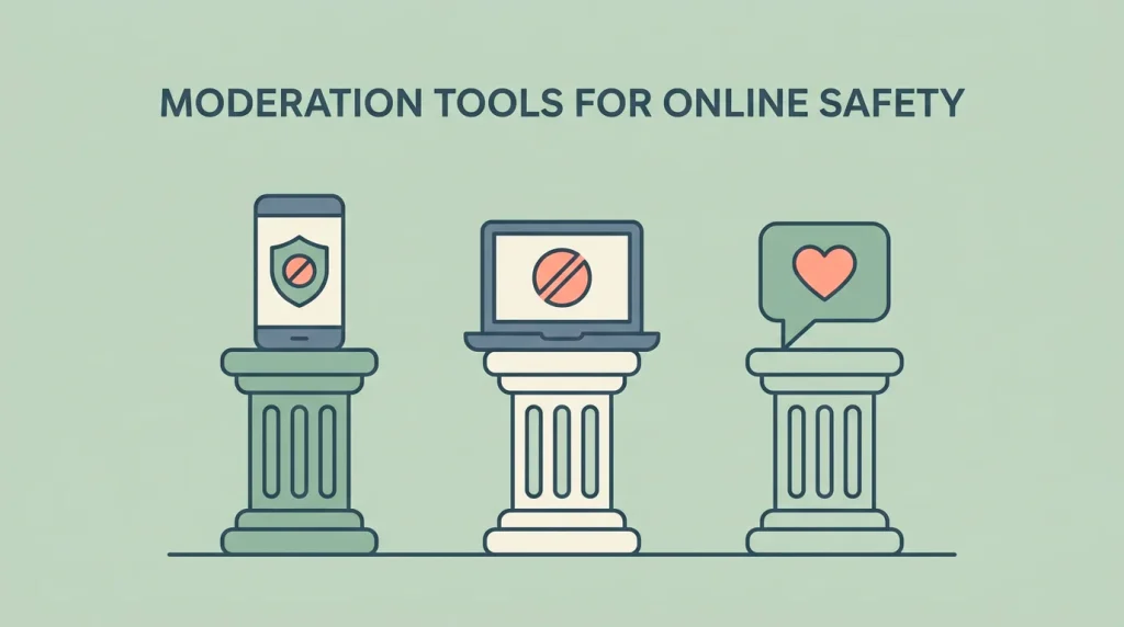 Editorial illustration of three small stylised pillars side by side - a phone with a self-exclusion icon, a laptop with a block icon and a speech bubble - representing the three pillars of GamStop, device blocking and counselling