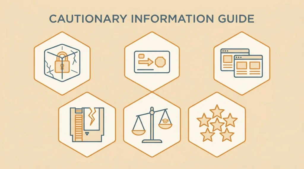 Editorial illustration of six warning-sign icons arranged in a hexagonal grid - frozen padlock, blocked chargeback, lookalike domain, tampered game cartridge, capped scale and identical star clusters - in muted amber and slate