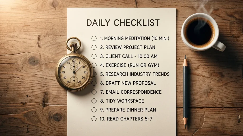 Editorial illustration of a small analogue stopwatch resting on a checklist next to a steaming cup, conveying a quick fifteen-minute pre-deposit screen