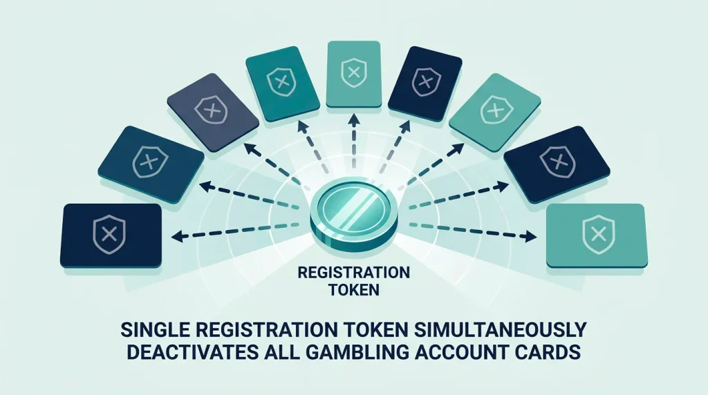 Illustration of one self-exclusion registration spreading outward to block multiple gambling accounts at once