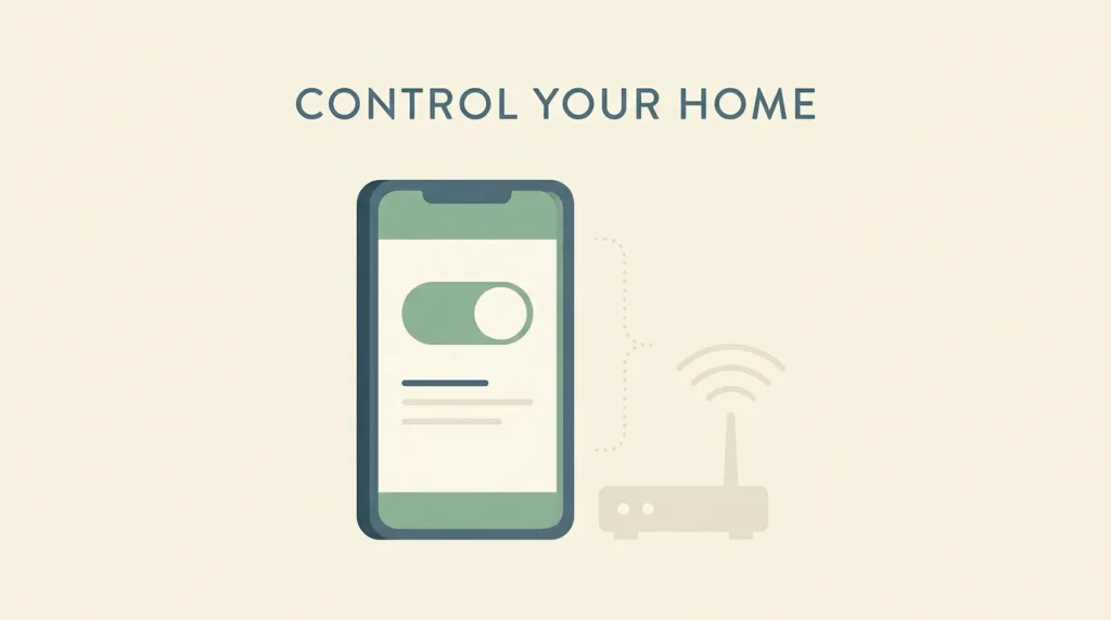 Editorial illustration of a smartphone screen with a stylised gambling-block toggle in the on position next to a small network router icon, in calm sage and slate tones