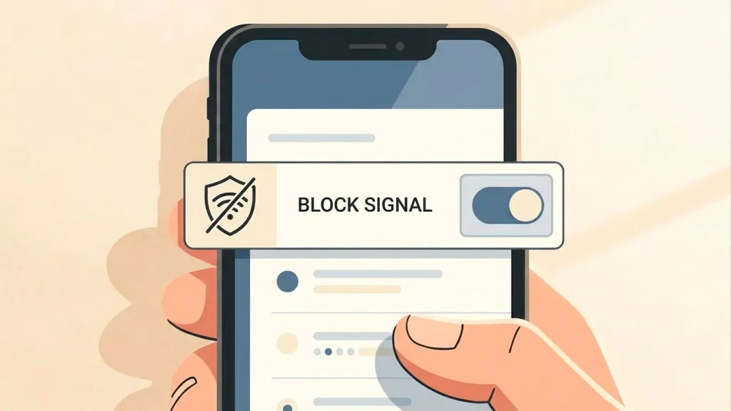 Editorial illustration of a smartphone screen showing a stylised gambling-block toggle switch within a banking app interface, drawn in a clean flat style