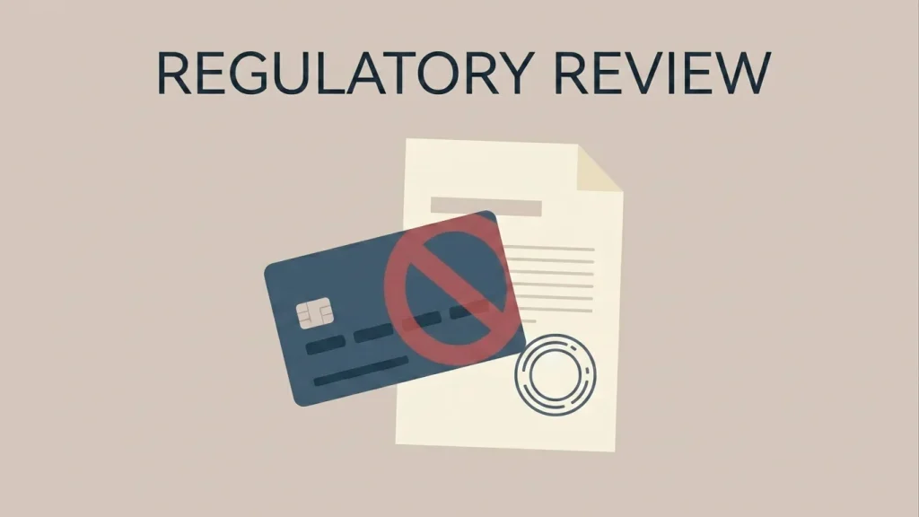 Editorial illustration of a credit card with a soft no-entry overlay against a UK regulator-style document, conveying the British credit-card gambling ban