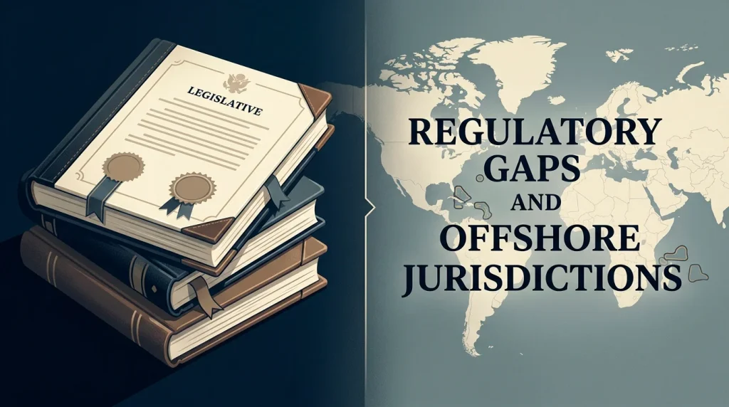 Conceptual image of UK gambling legislation alongside an offshore jurisdiction map illustrating the regulatory gap