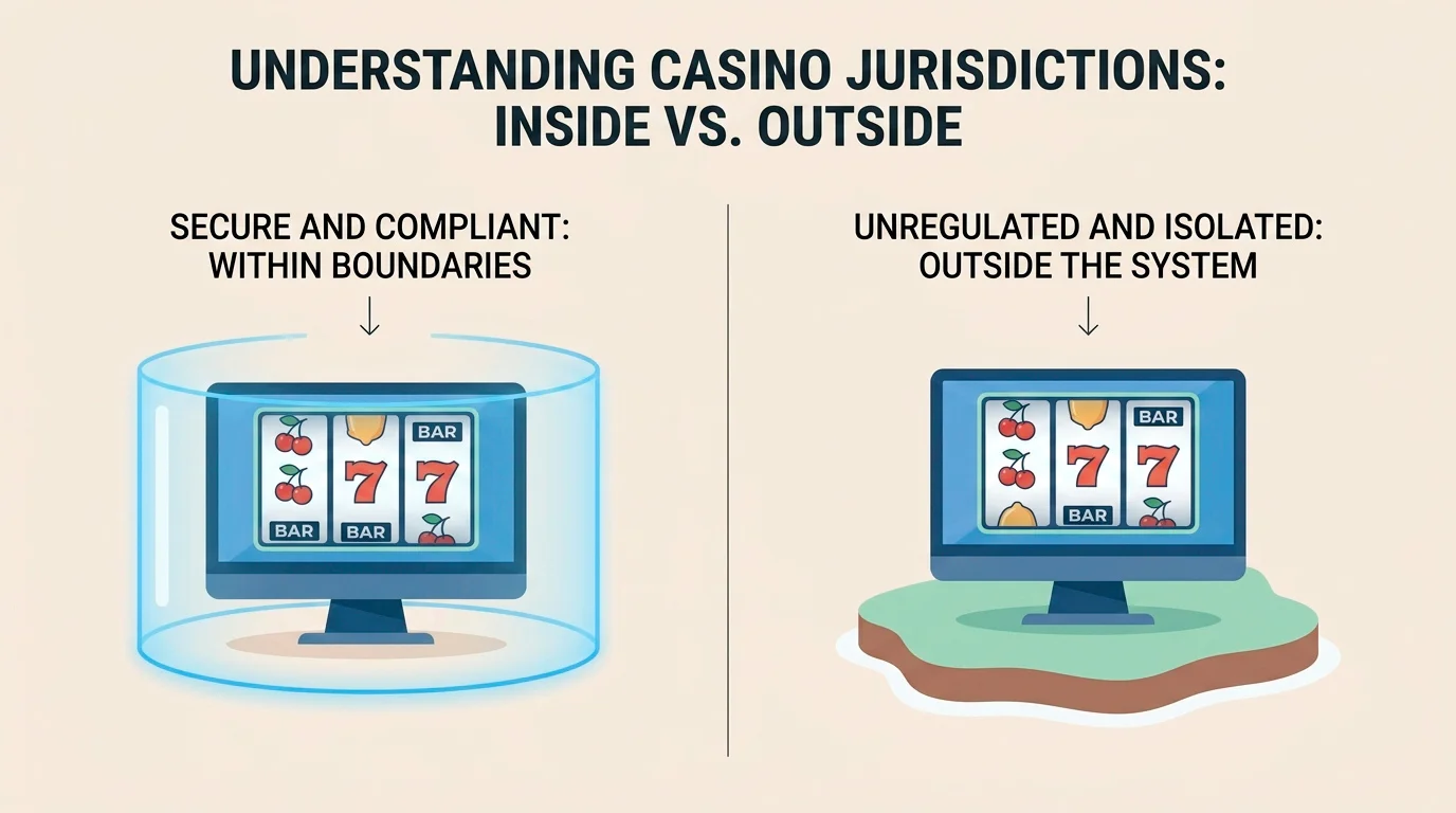 Illustration contrasting a UK-licensed casino inside the self-exclusion scheme with an offshore site outside it