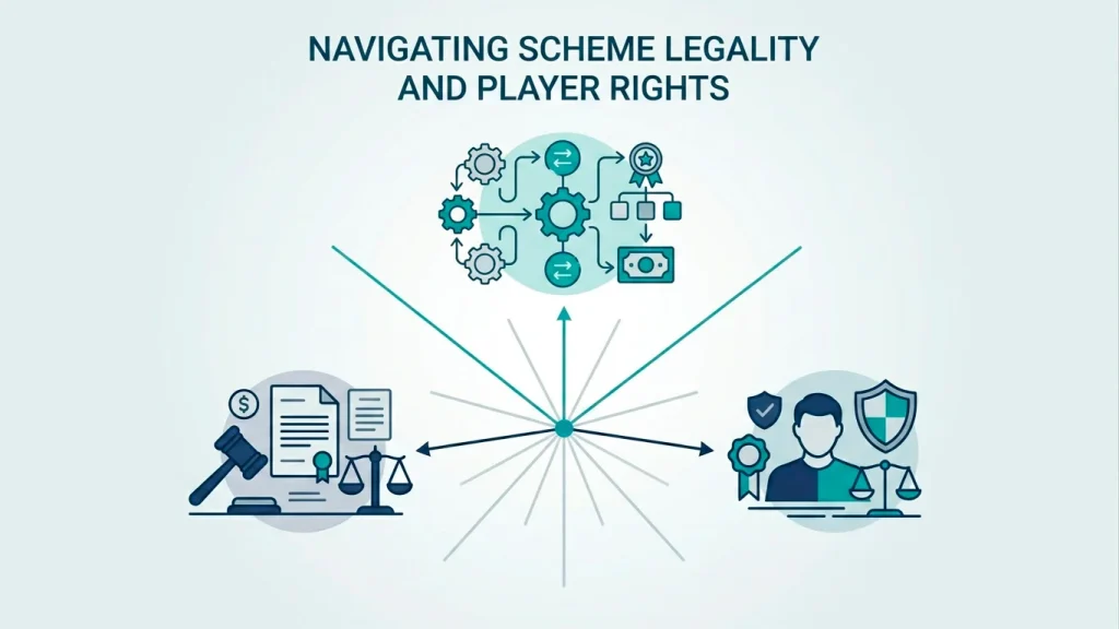 Overview illustration linking the topics of self-exclusion mechanics, gambling law and player legal status